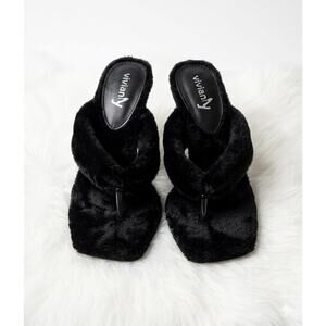 Black Fuzzy Thong Sandal Heels - Strappy Open Toe Block Heel